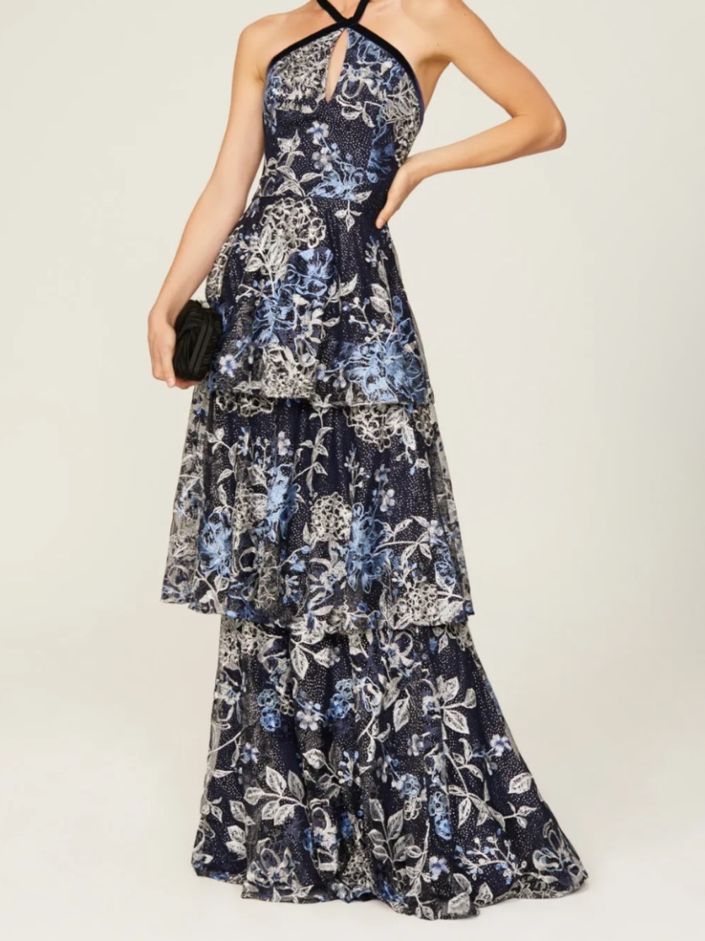 Marchesa Notte Sz 6 Gown Embroidered Tulle Blue Halter Maxi Dress Tiered Formal.